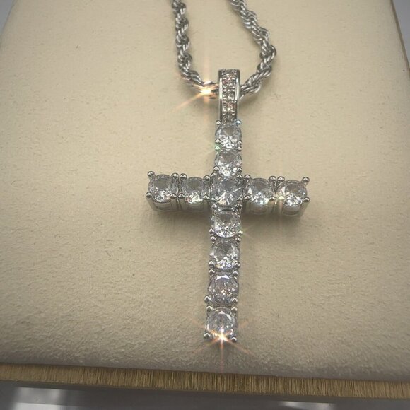 Cubic Zirconia Cross Pendant Necklace With Rope Chain Stainless Steel Silver Pla - Picture 4 of 7